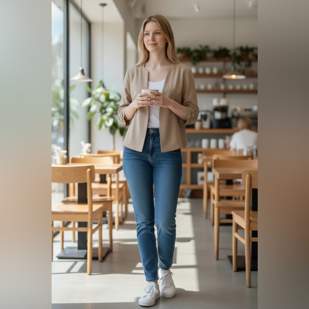 Tan Blazer with Rolled Sleeves